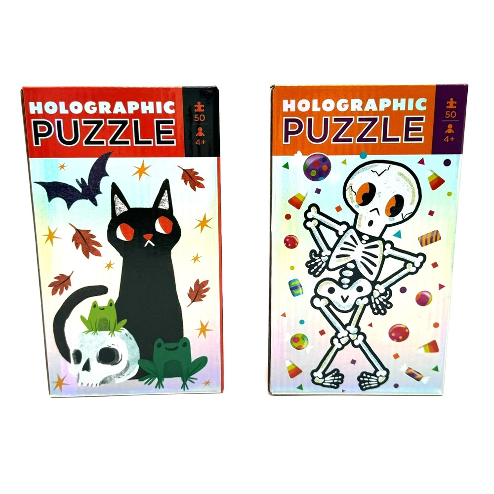 Crocodile Creek set of Two Holographic 50pc Puzzles Halloween Theme Skeleton Cat